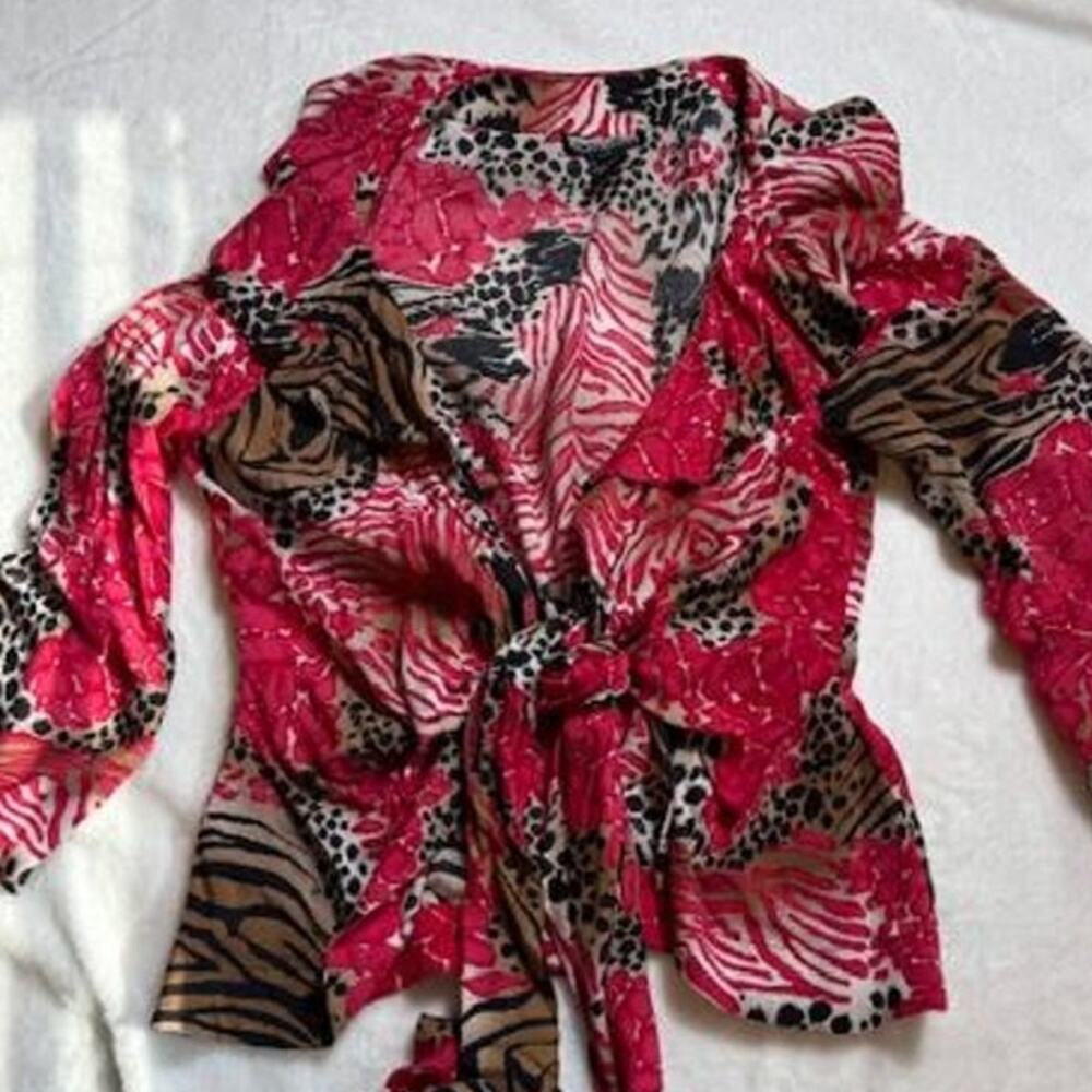 VTG 90s Mishca Red Leopard Zebra Print tie front blouse Mob Wife Whimsigoth -M
